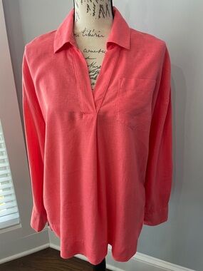 crown & ivy Coral Pink Relaxed V-Neck Collared Top